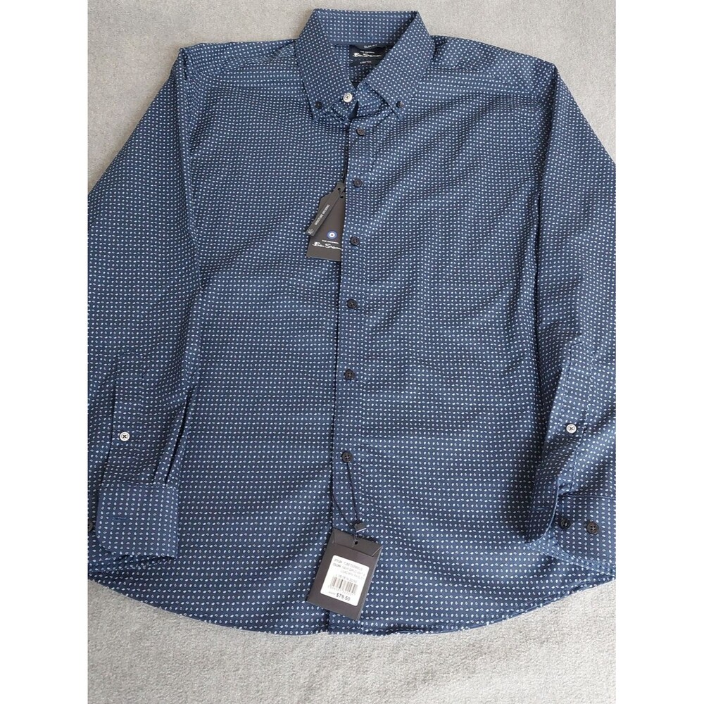 NWT Ben Sherman Men’s Slim Fit Stretch Paisley Button Down Shirt Navy L - Picture 3 of 9